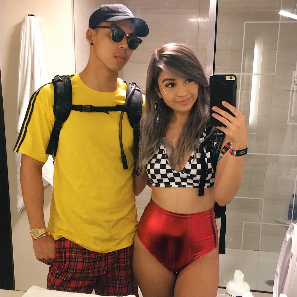 Checkered bralette and red metallic bottoms